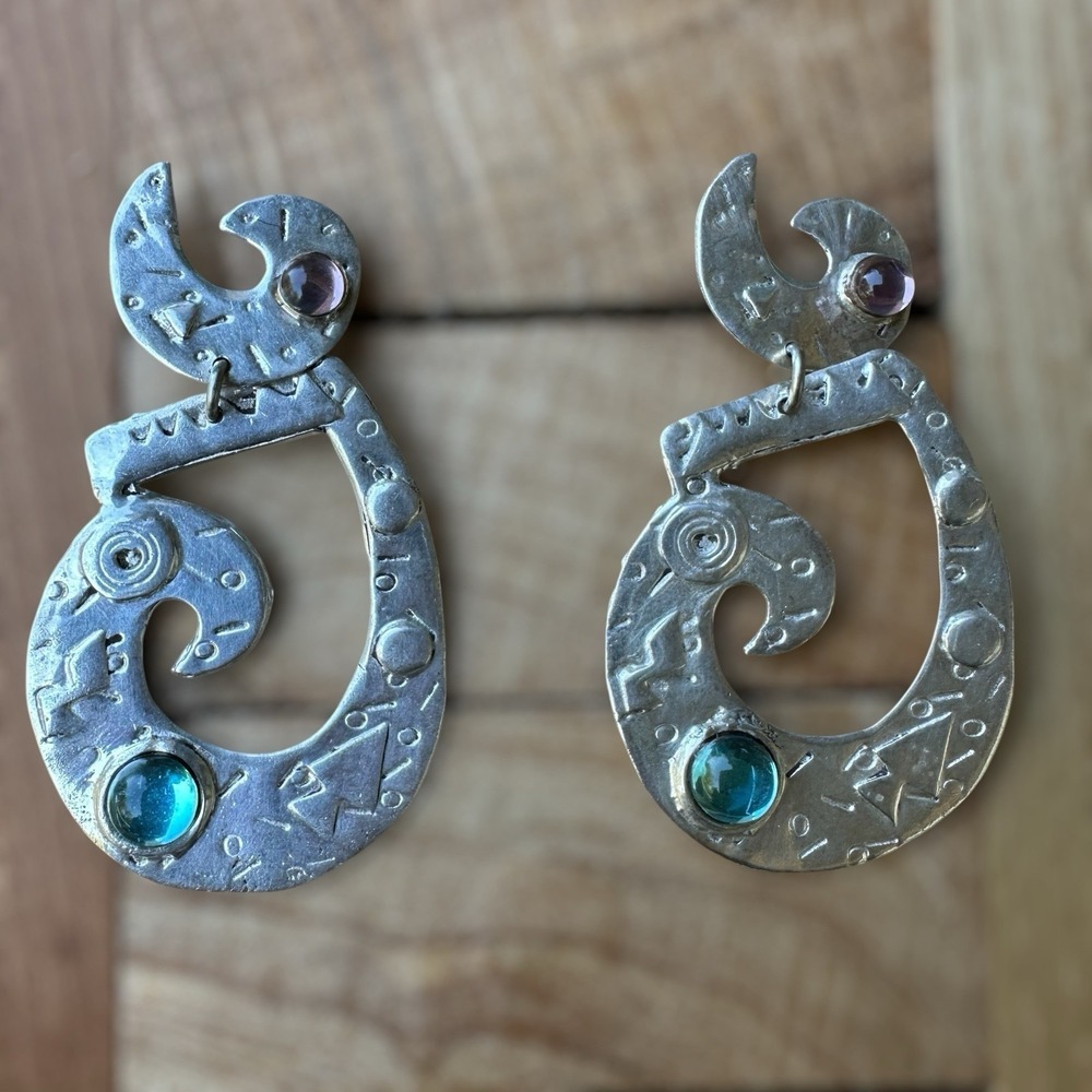 VTG Deborah Roberts Earrings 2.25 Inch Parrot Tribal Jelly‎ Belly Sterling 15.2g